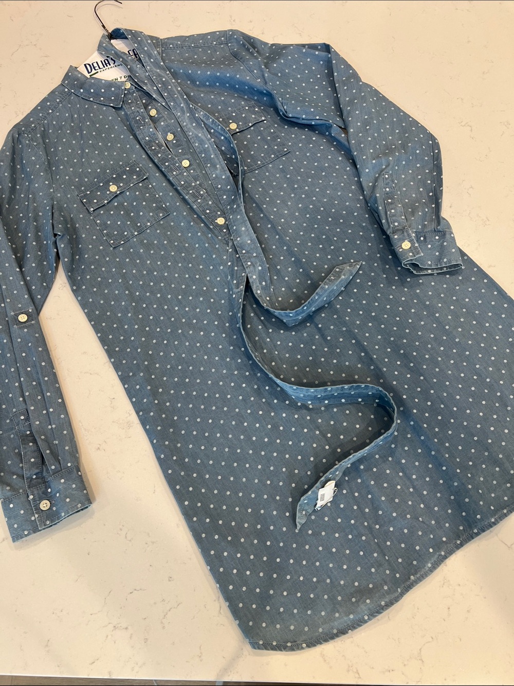 Loft Blue Polka Dot Button-Front Shirt Dress with Waist Tie